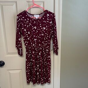 French Grey Maroon Floral Long Sleeve Dress